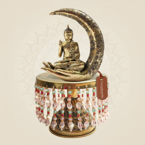 10.25" Meditating Moon Buddha Brass Idol with Chowki for Serene Energy - Luxeartisanship