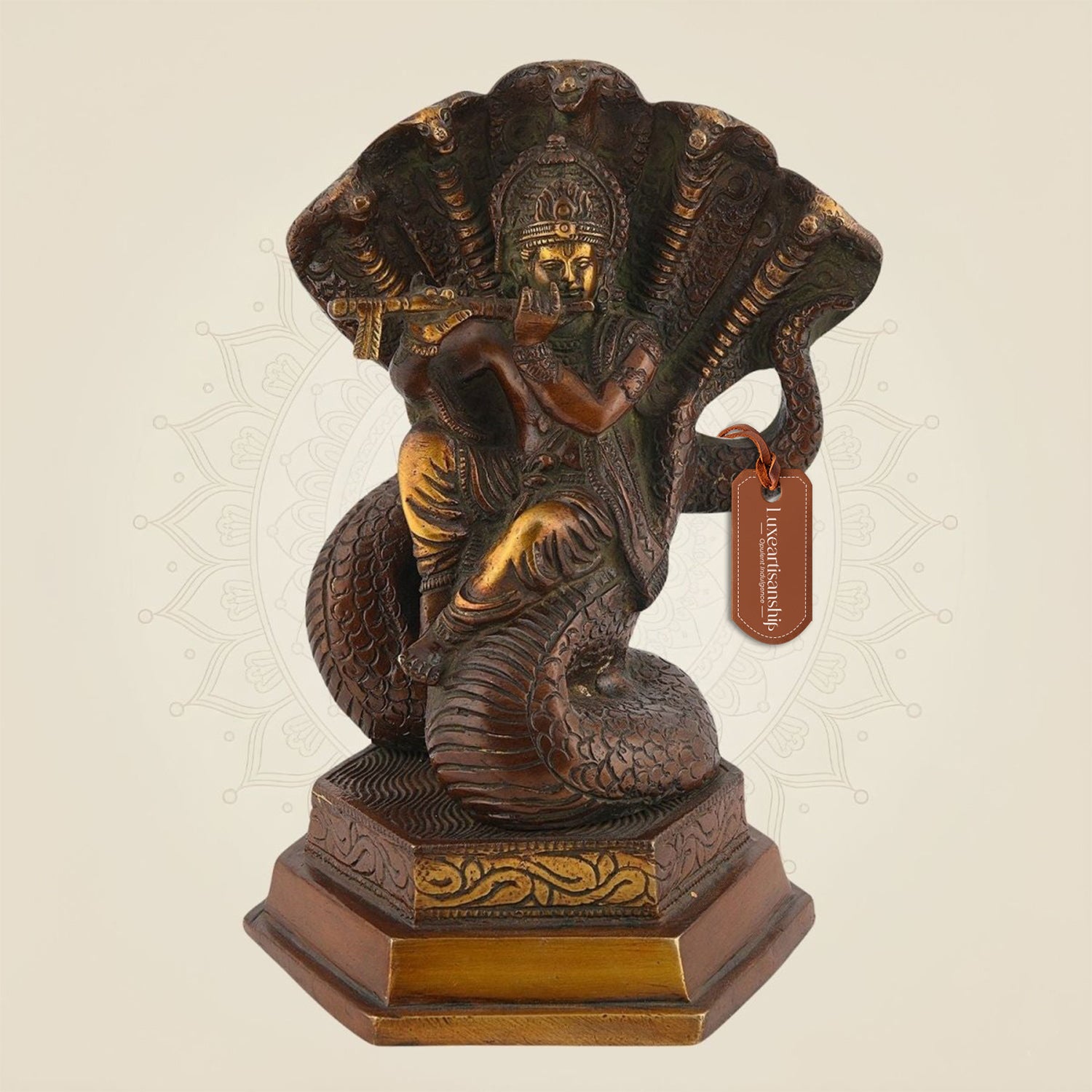 Brass Krishna Statue Sitting on Kaliya Serpent Base