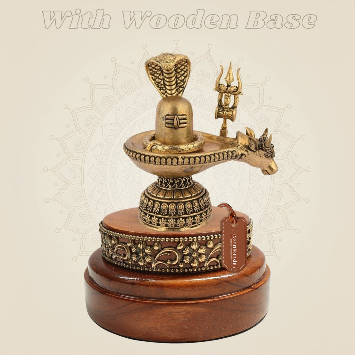 3.5 inch Brass Shiva Lingam Set with Nandi, Naag and Trishul on Wooden Base