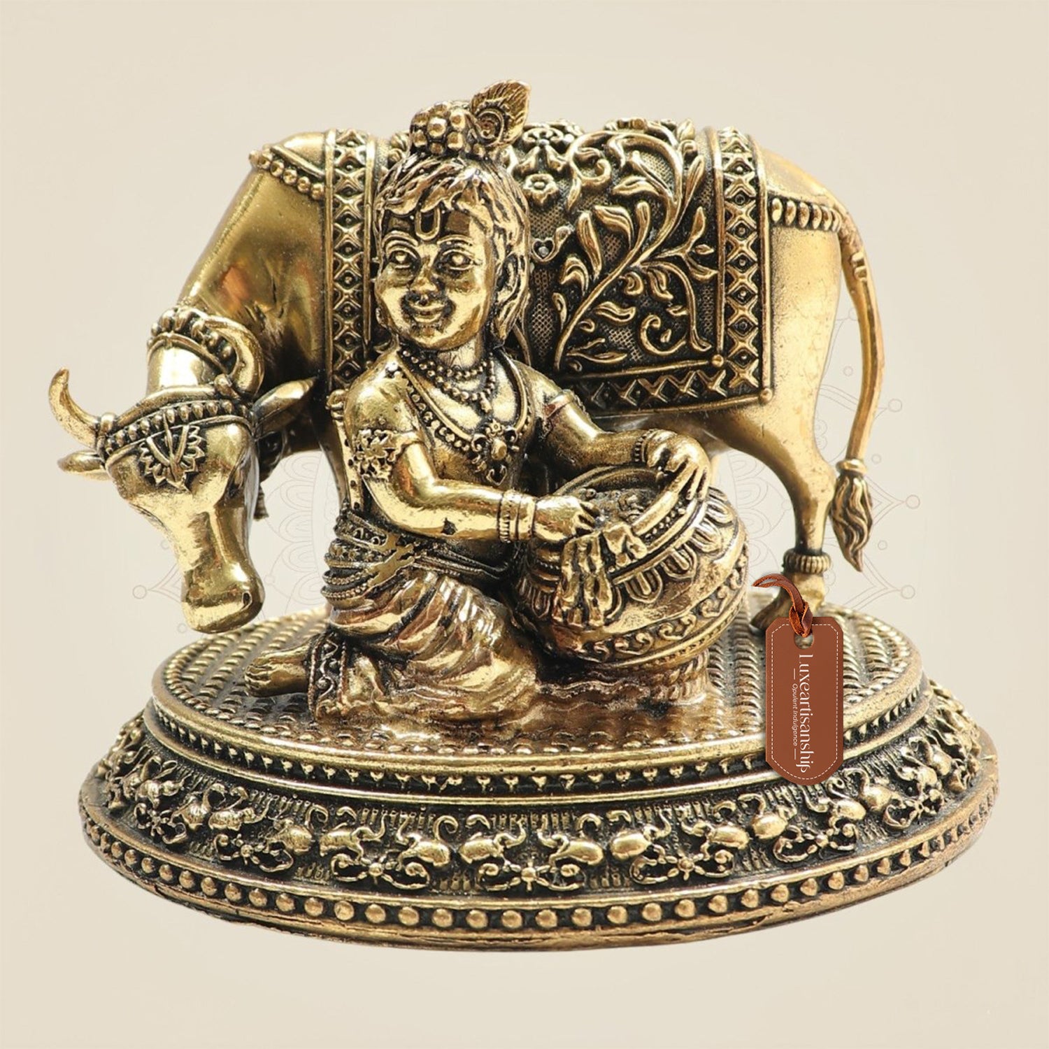 Brass Kanha Ji Idol with Cow Decorative Krishna Murti 3" - Luxeartisanship