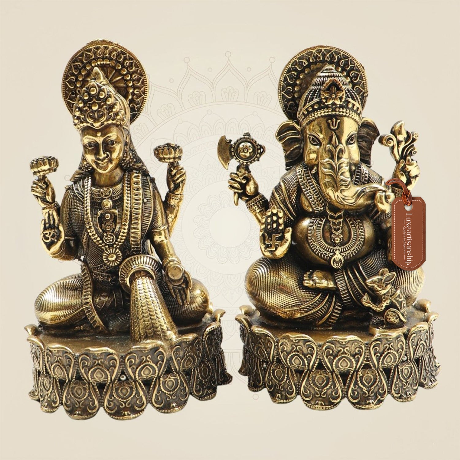 Brass Lakshmi Ganesh Idol Set 4.25" with Lotus Base - Luxeartisanship