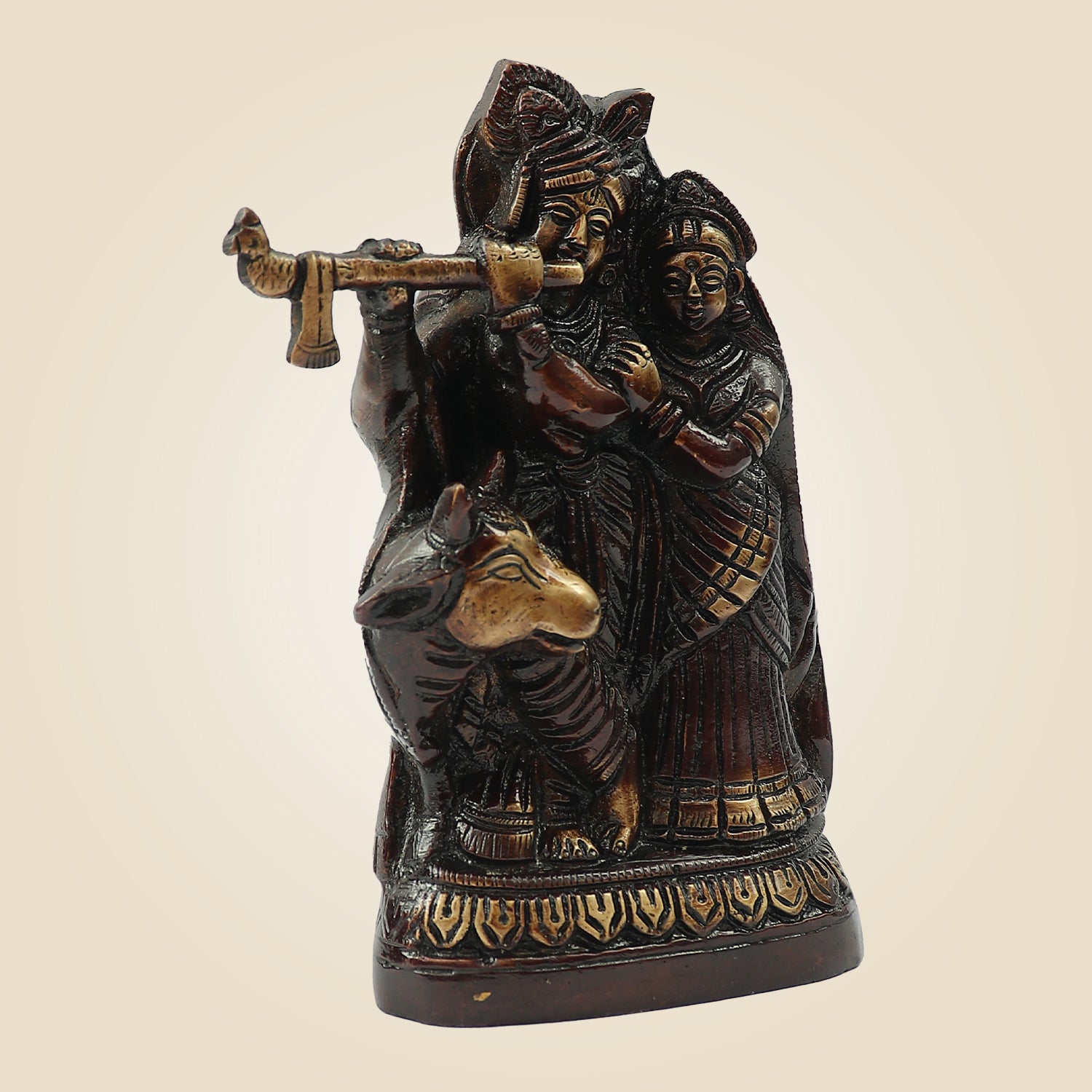 Brass Radha Krishna with Cow Idol 6" – Elegant Murti for Puja, Janmashtami & Home Décor