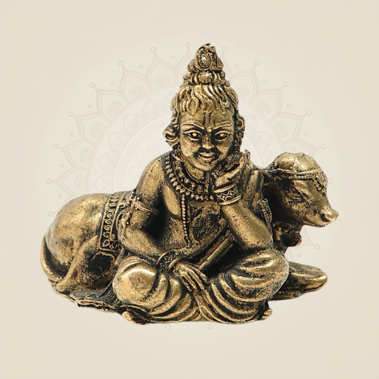 1.5" Bronze Bal Krishna Resting with Cow – Vintage Look Spiritual Showpiece