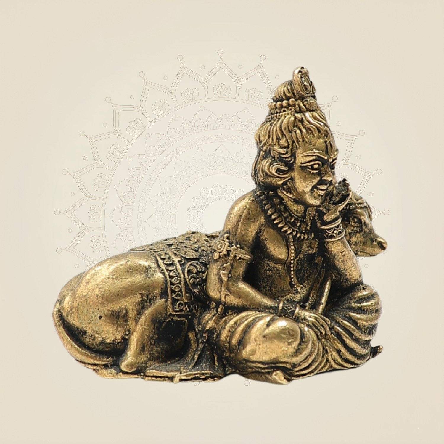 1.5" Bronze Bal Krishna Resting with Cow – Vintage Look Spiritual Showpiece