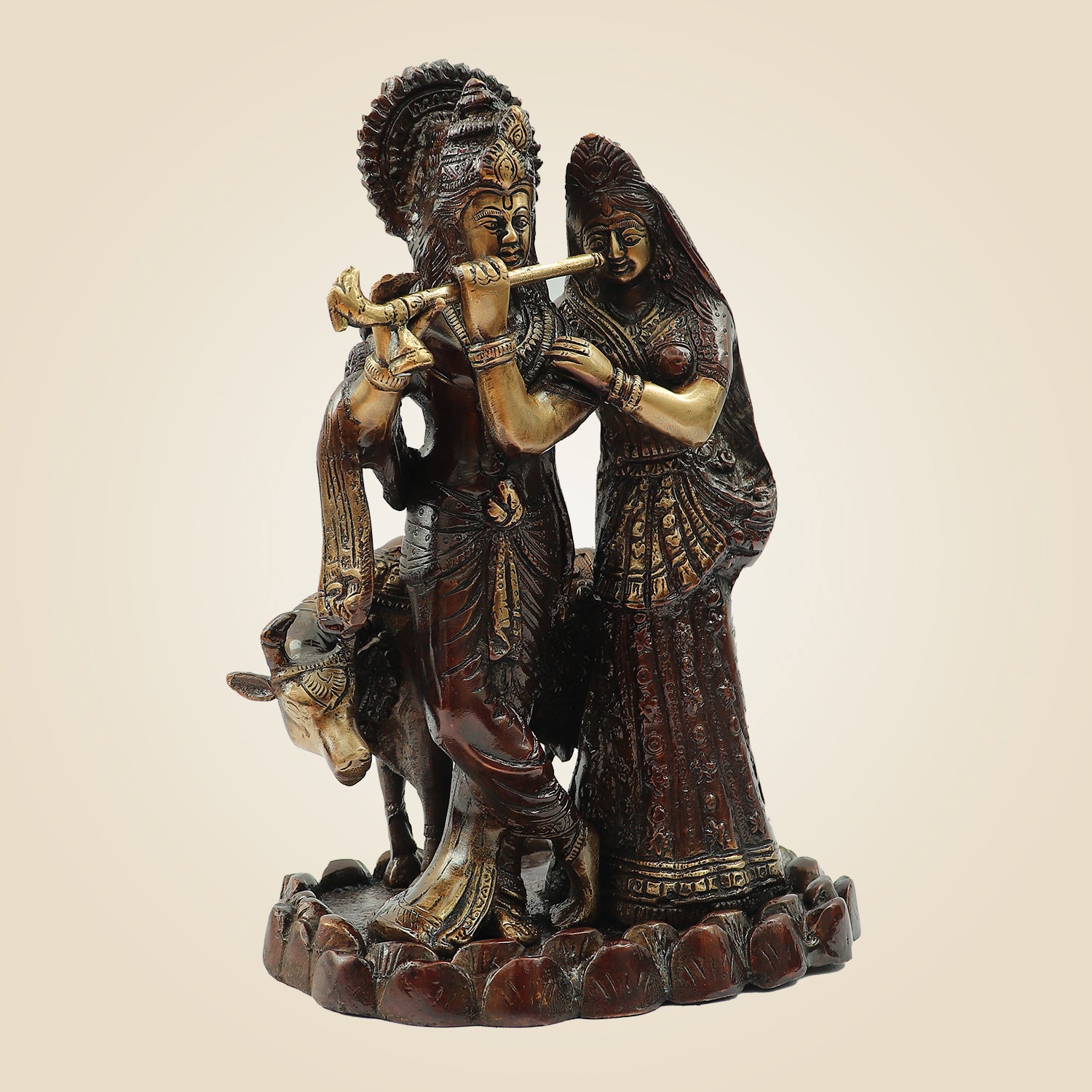 Hand Painted Brass Radha Krishna Idol | Flute Playing Murti 10.75" for Temple & Home Decor