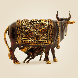 Kamdhenu Cow with Calf Brass Idol - Luxeartisanship