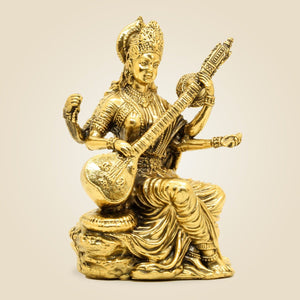 Brass Saraswati Maa Idol 5" – Handcrafted Maa Saraswati Murti for Temple & Study Room