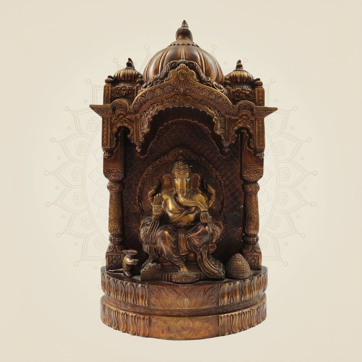 16.5" Seated Brass Ganesh Idol Big Size in Carved Mandap Design | Divine Home Decor - Luxeartisanship