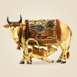 Kamdhenu Cow with Calf Brass Idol - Luxeartisanship