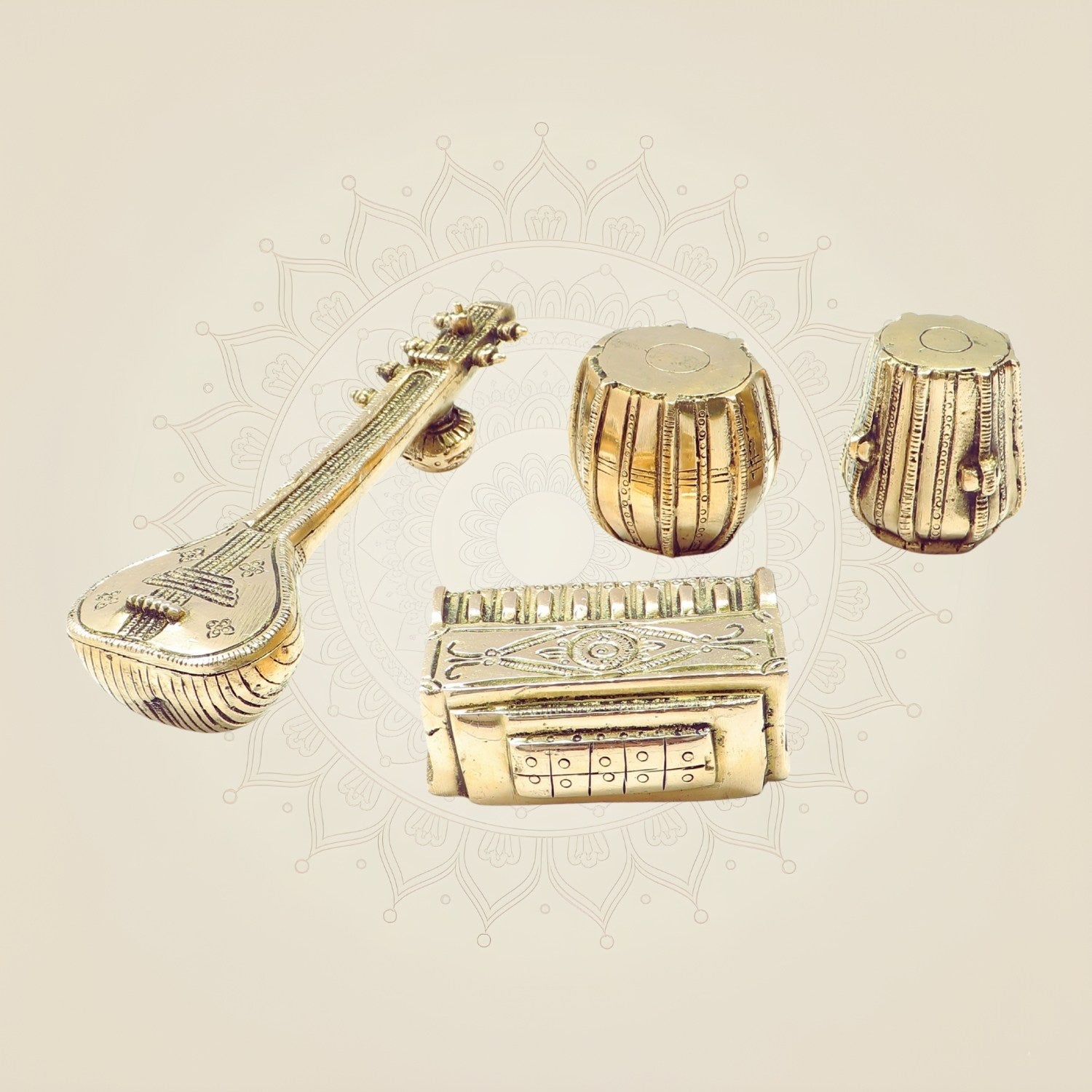 2.75" Brass Musical Instrument Set – Handcrafted Tabla, Veena & Harmonium