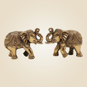 Set of 2 Trunk-Up Elephant Brass Statue Figurine