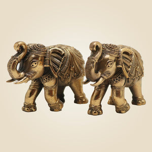 Set of 2 Trunk-Up Elephant Brass Statue Figurine
