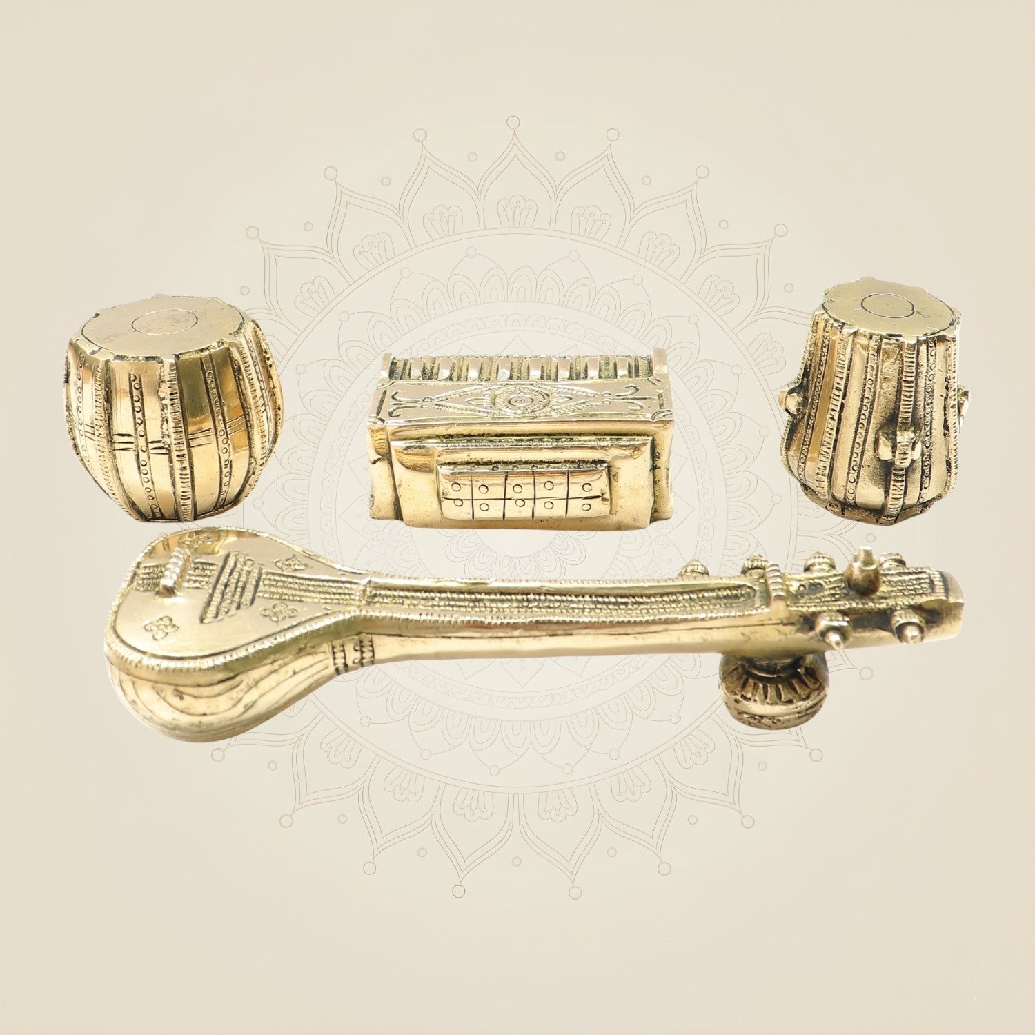 2.75" Brass Musical Instrument Set – Handcrafted Tabla, Veena & Harmonium