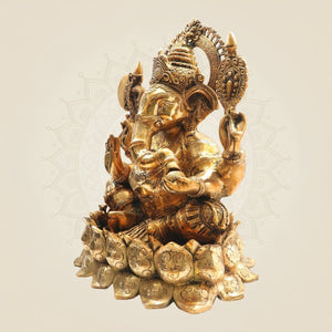 19" Big Size Brass Ganesha Idol on Lotus Base for Worship - Luxeartisanship