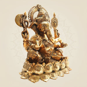 19" Big Size Brass Ganesha Idol on Lotus Base for Worship - Luxeartisanship