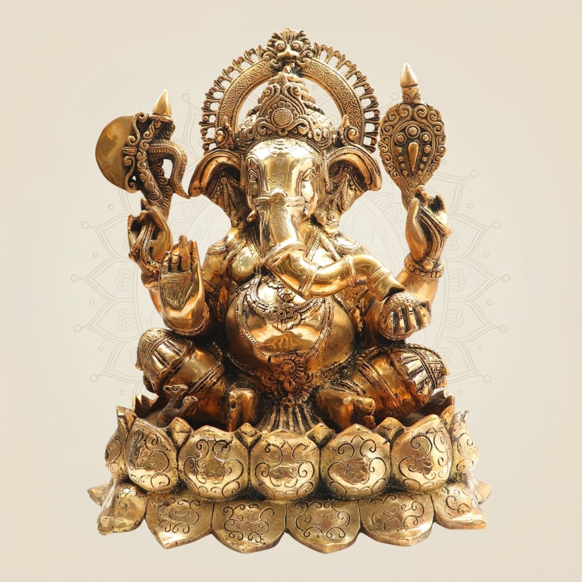 19" Big Size Brass Ganesha Idol on Lotus Base for Worship - Luxeartisanship
