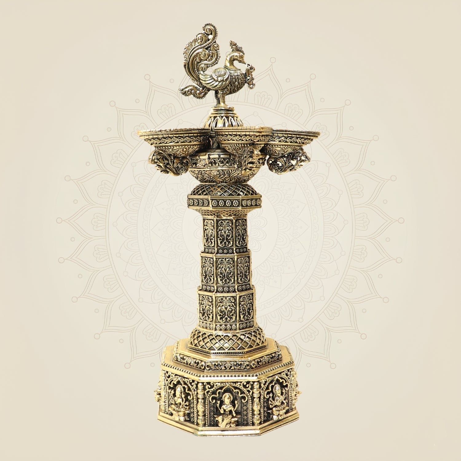 12.5 Inch Ashtalakshmi Peacock Brass Diya Lamp for Home Temple & Puja Decor