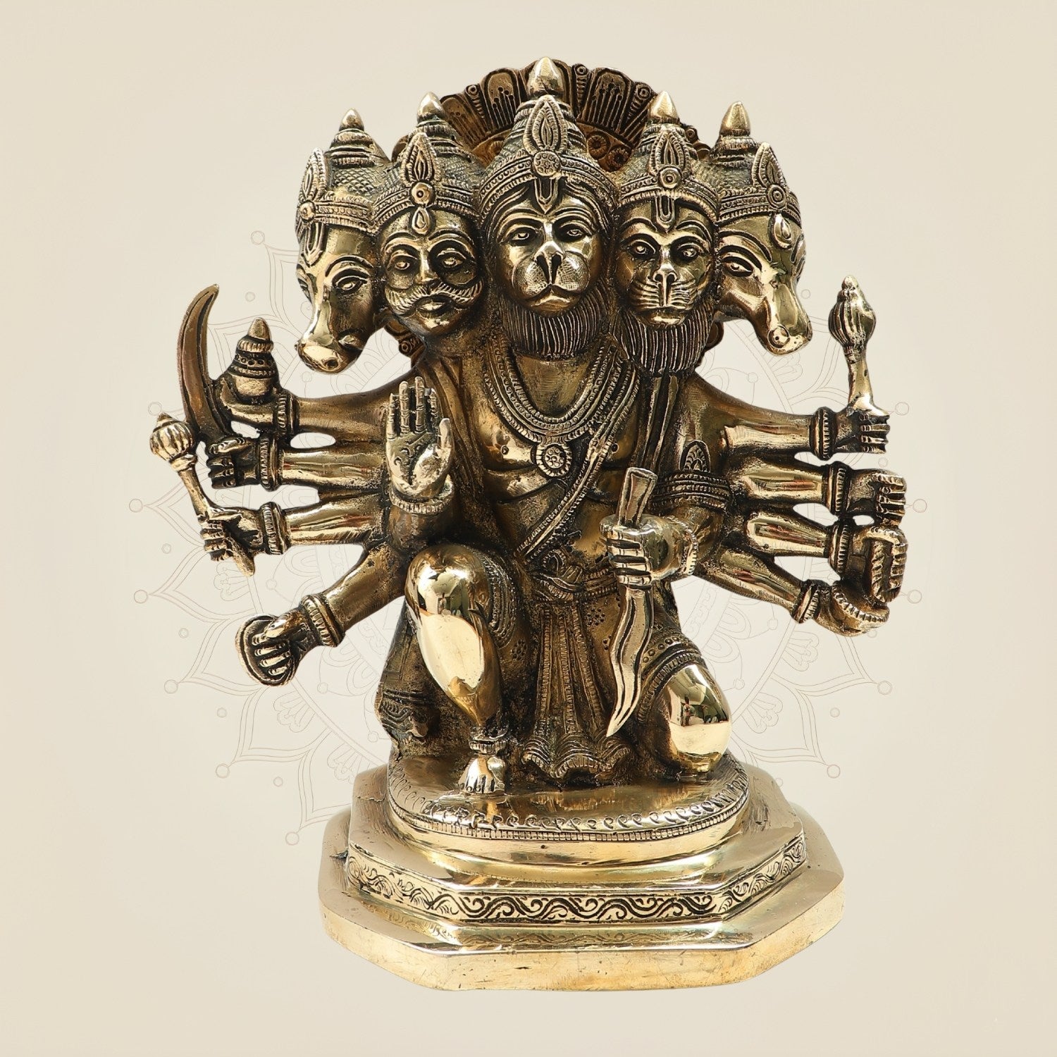 11.5" Brass Panchmukhi Hanuman Statue in Glossy Finish
