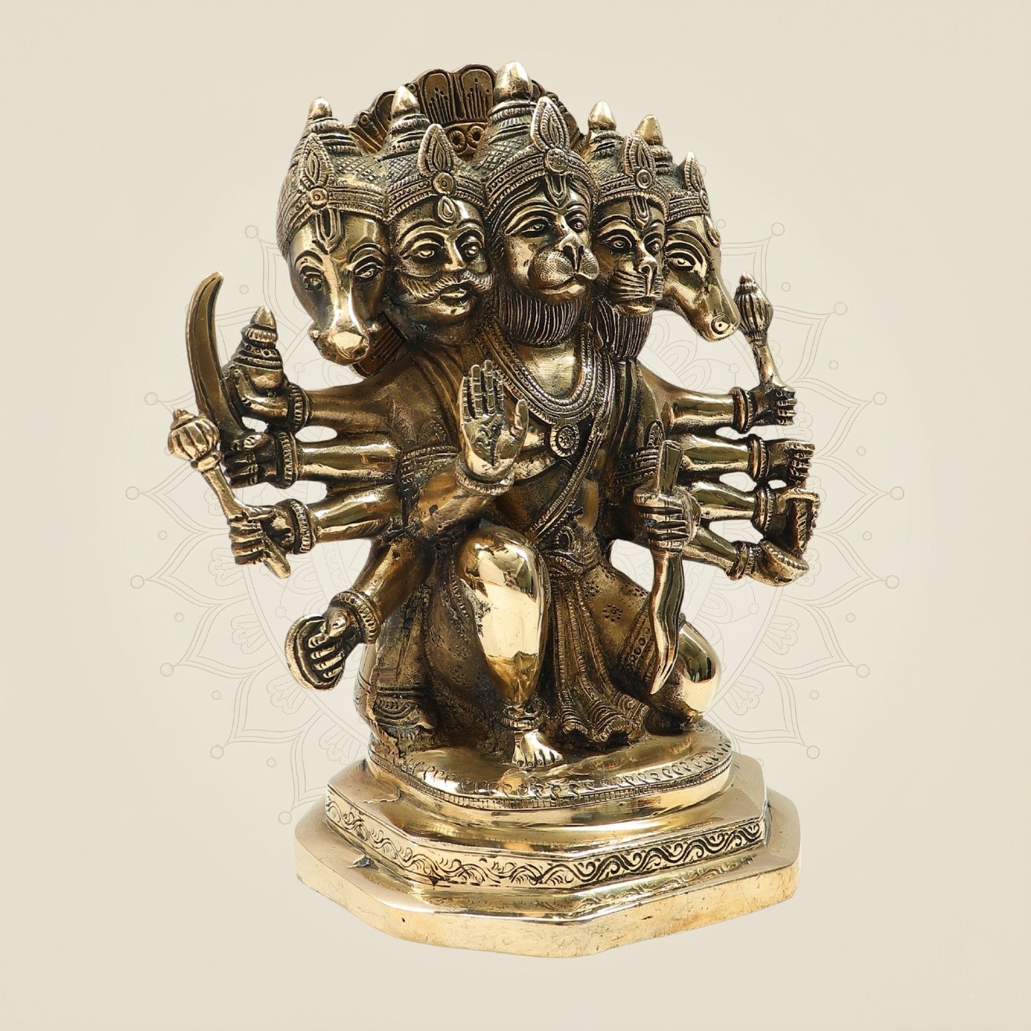 11.5" Brass Panchmukhi Hanuman Statue in Glossy Finish