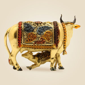 Kamdhenu Cow with Calf Brass Idol - Luxeartisanship