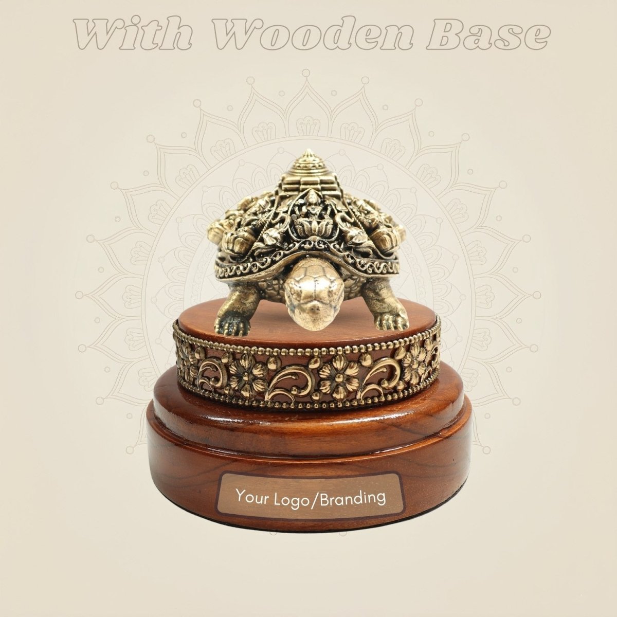 2" Brass Ashtalakshmi Shree Yantra with Tortoise Idol on Round Wooden Base - Luxeartisanship