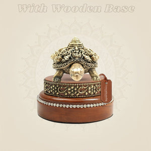 2" Brass Ashtalakshmi Shree Yantra with Tortoise Idol on Round Wooden Base - Luxeartisanship