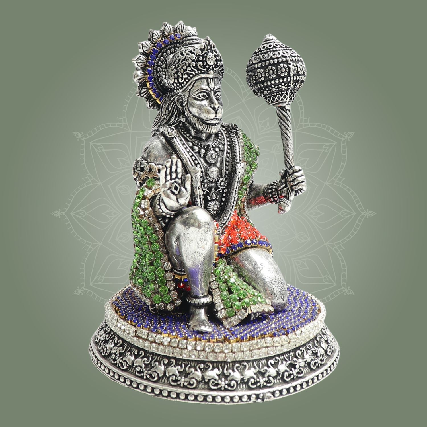 5-Inch Silver Plated Hanuman Brass Idol in Kneeling Form with Sparkling Stone Work