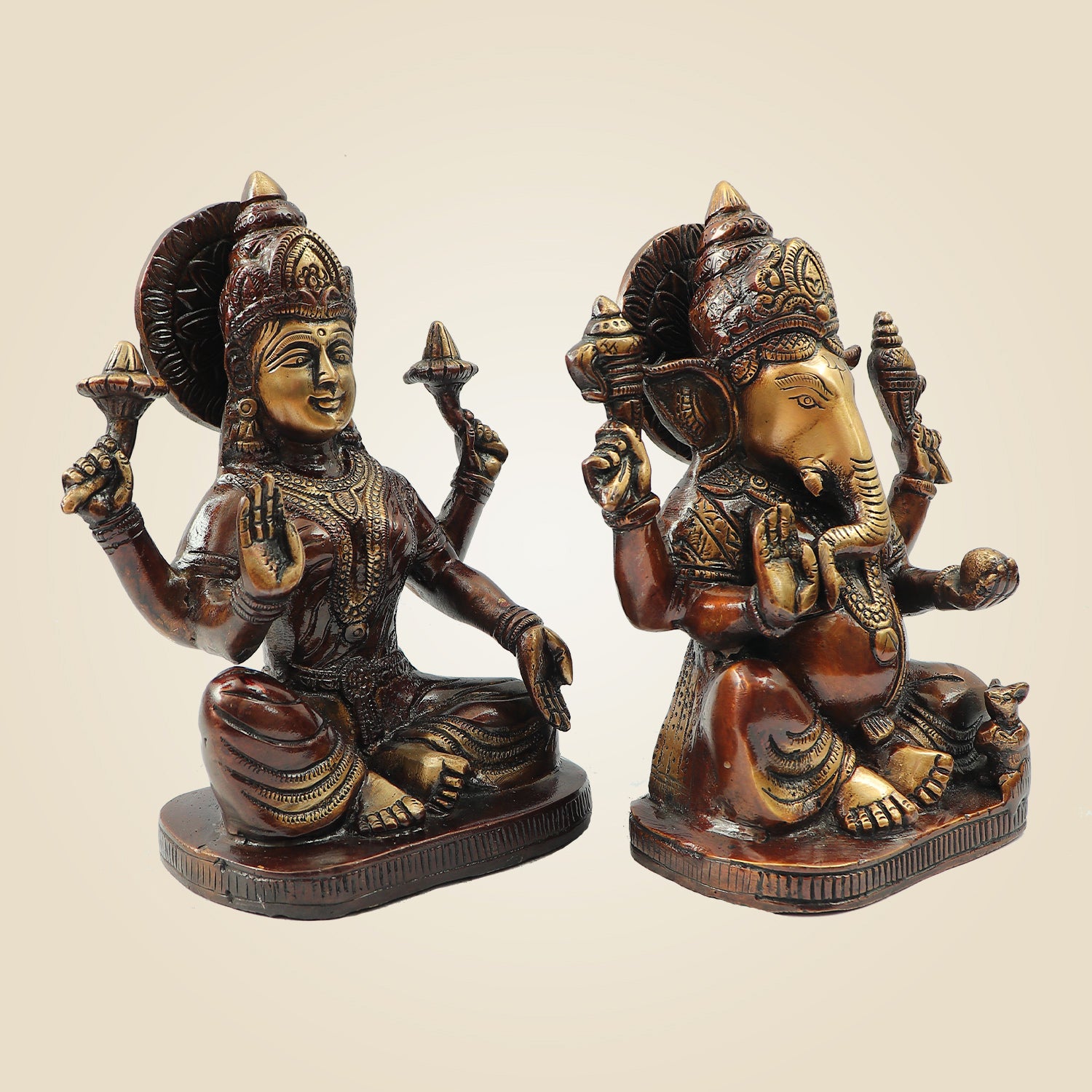 Colorful Brass Lakshmi Ganesh Idol Pair 8" | Decorative Laxmi Ganesha Statue for Temple & Home
