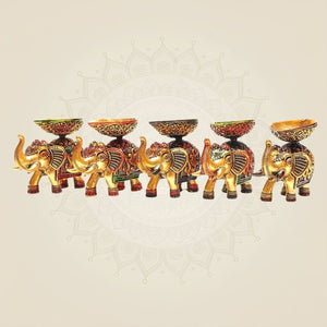 2.25" Brass Elephant Diya Set of 5 – Handcrafted Pooja Oil Lamps for Pooja & Festive Decor - Luxeartisanship