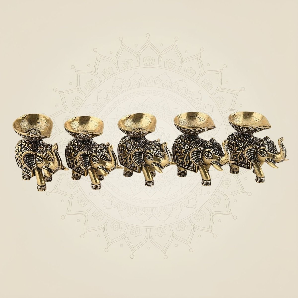 2.25" Brass Elephant Diya Set of 5 – Handcrafted Pooja Oil Lamps for Pooja & Festive Decor - Luxeartisanship