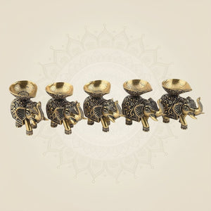 2.25" Brass Elephant Diya Set of 5 – Handcrafted Pooja Oil Lamps for Pooja & Festive Decor - Luxeartisanship