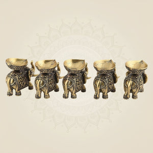 2.25" Brass Elephant Diya Set of 5 – Handcrafted Pooja Oil Lamps for Pooja & Festive Decor - Luxeartisanship