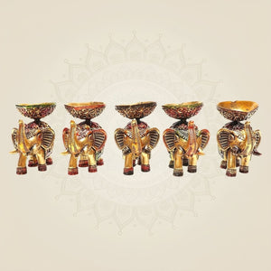 2.25" Brass Elephant Diya Set of 5 – Handcrafted Pooja Oil Lamps for Pooja & Festive Decor - Luxeartisanship