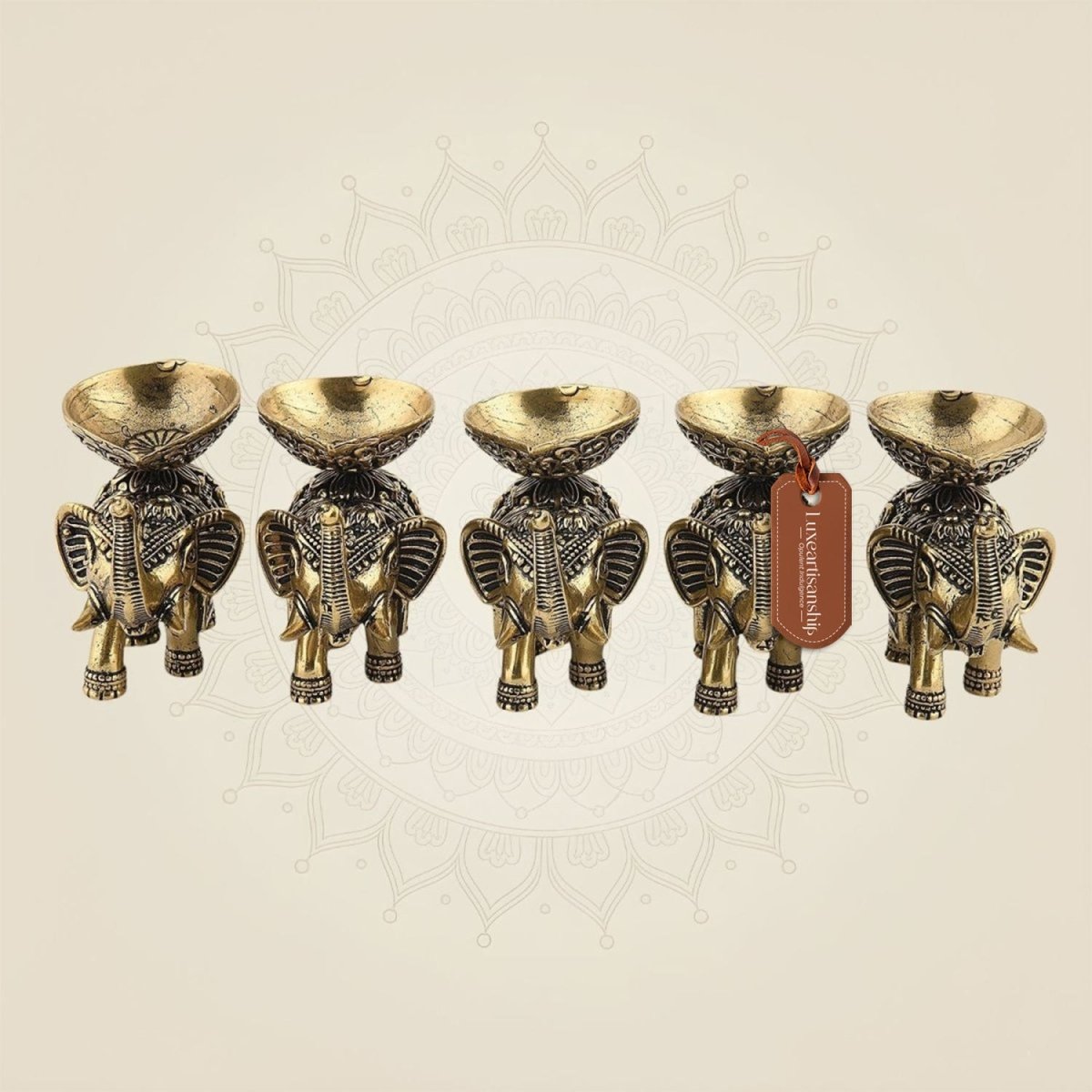 2.25" Brass Elephant Diya Set of 5 – Handcrafted Pooja Oil Lamps for Pooja & Festive Decor - Luxeartisanship