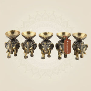 2.25" Brass Elephant Diya Set of 5 – Handcrafted Pooja Oil Lamps for Pooja & Festive Decor - Luxeartisanship