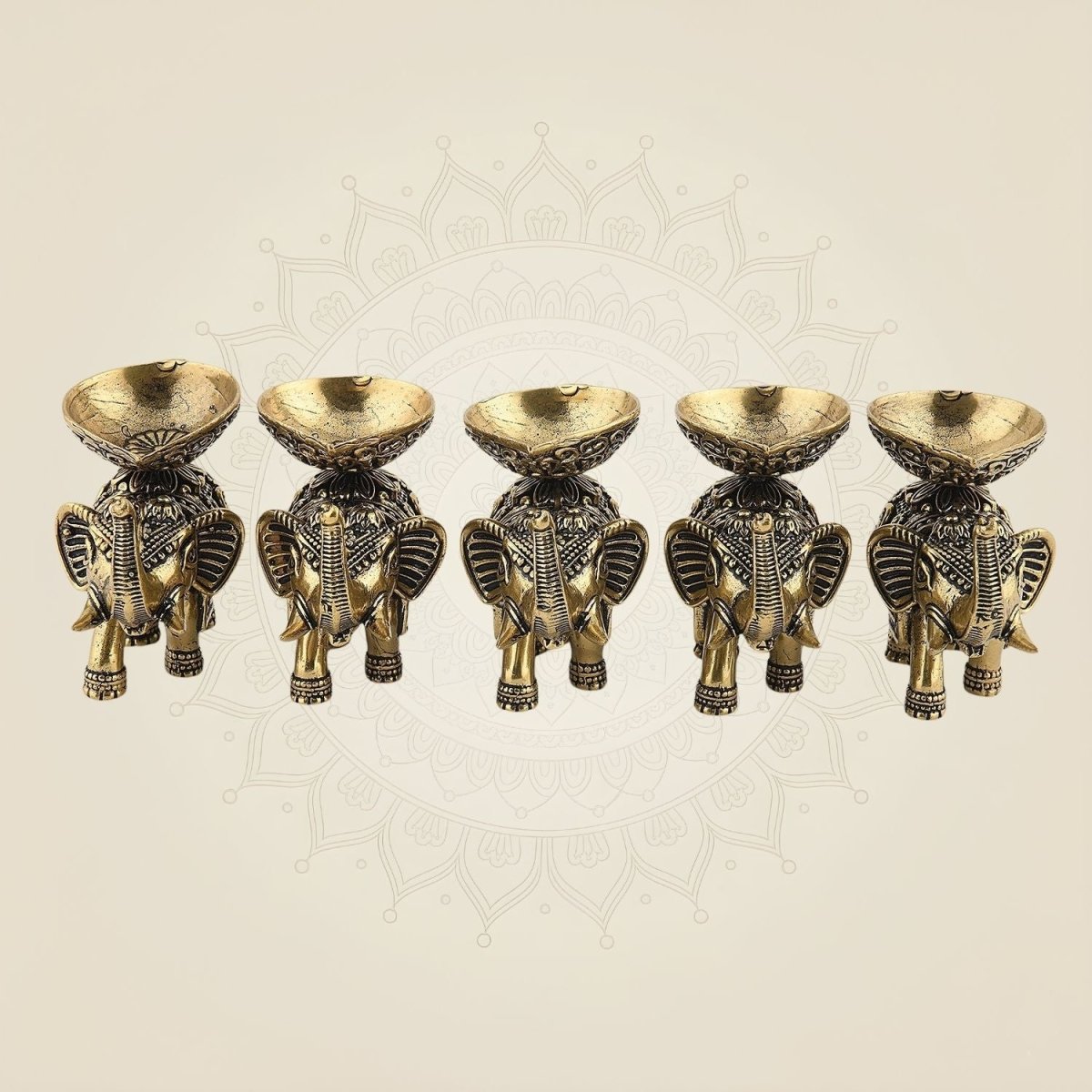 2.25" Brass Elephant Diya Set of 5 – Handcrafted Pooja Oil Lamps for Pooja & Festive Decor - Luxeartisanship