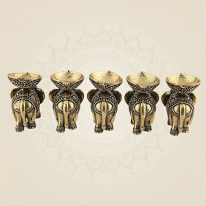 2.25" Brass Elephant Diya Set of 5 – Handcrafted Pooja Oil Lamps for Pooja & Festive Decor - Luxeartisanship