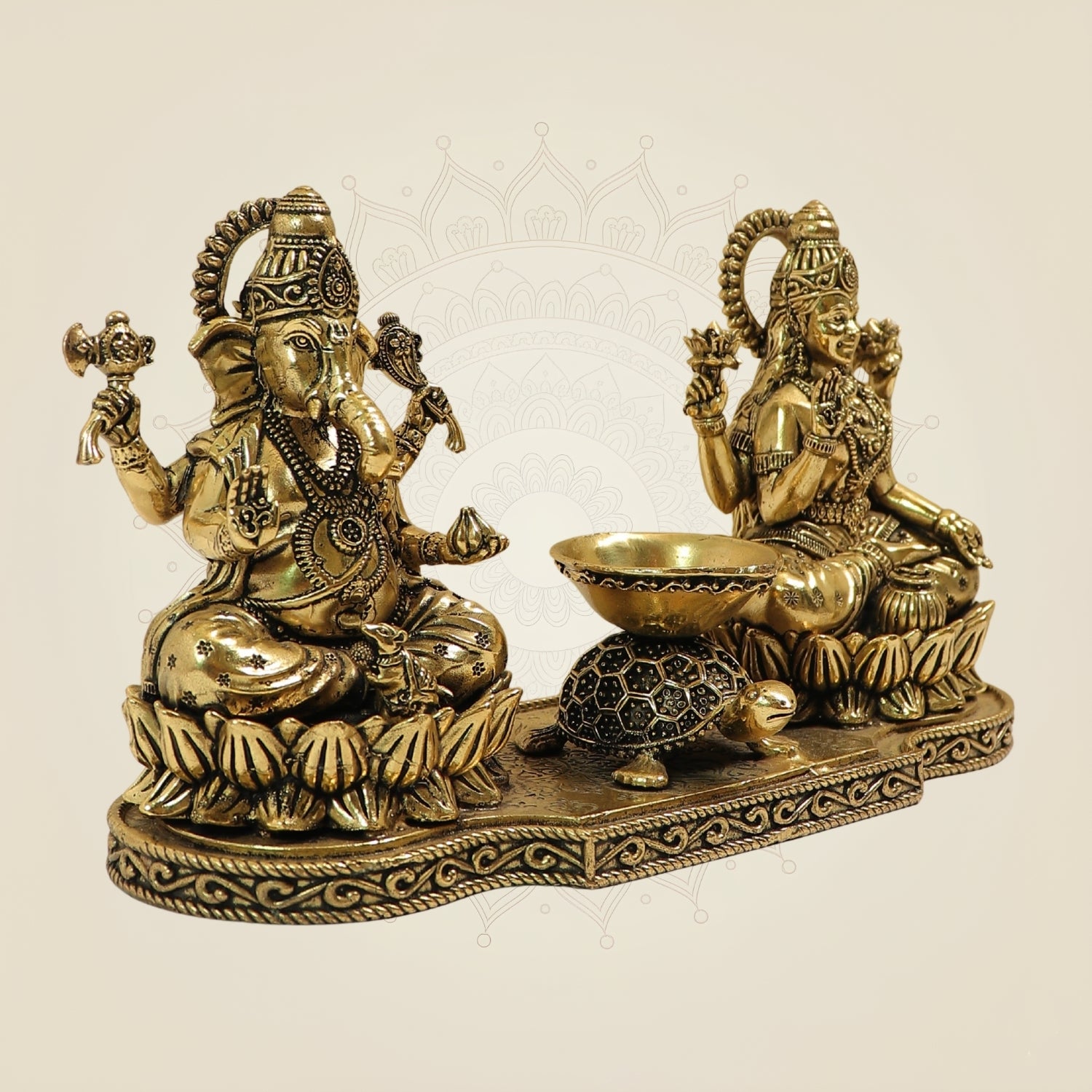 Brass Laxmi Ganesh Idol with Tortoise Diya 4.5 Inch – Prosperity & Wealth Decor