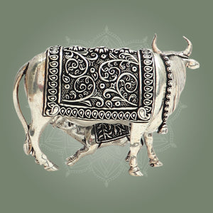 Silver Kamdhenu Cow with Calf Brass Idol