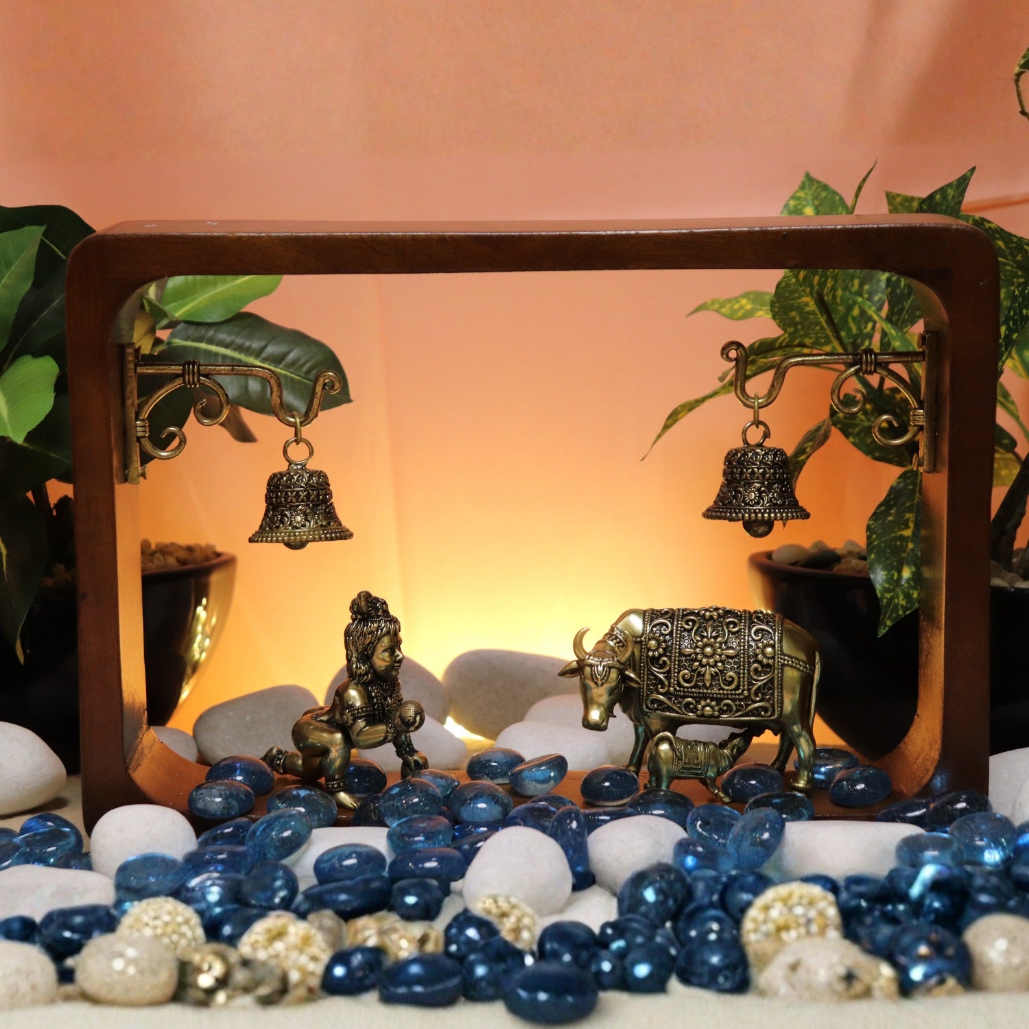 Laddu Gopal Idol with Kamdhenu in Wooden Frame