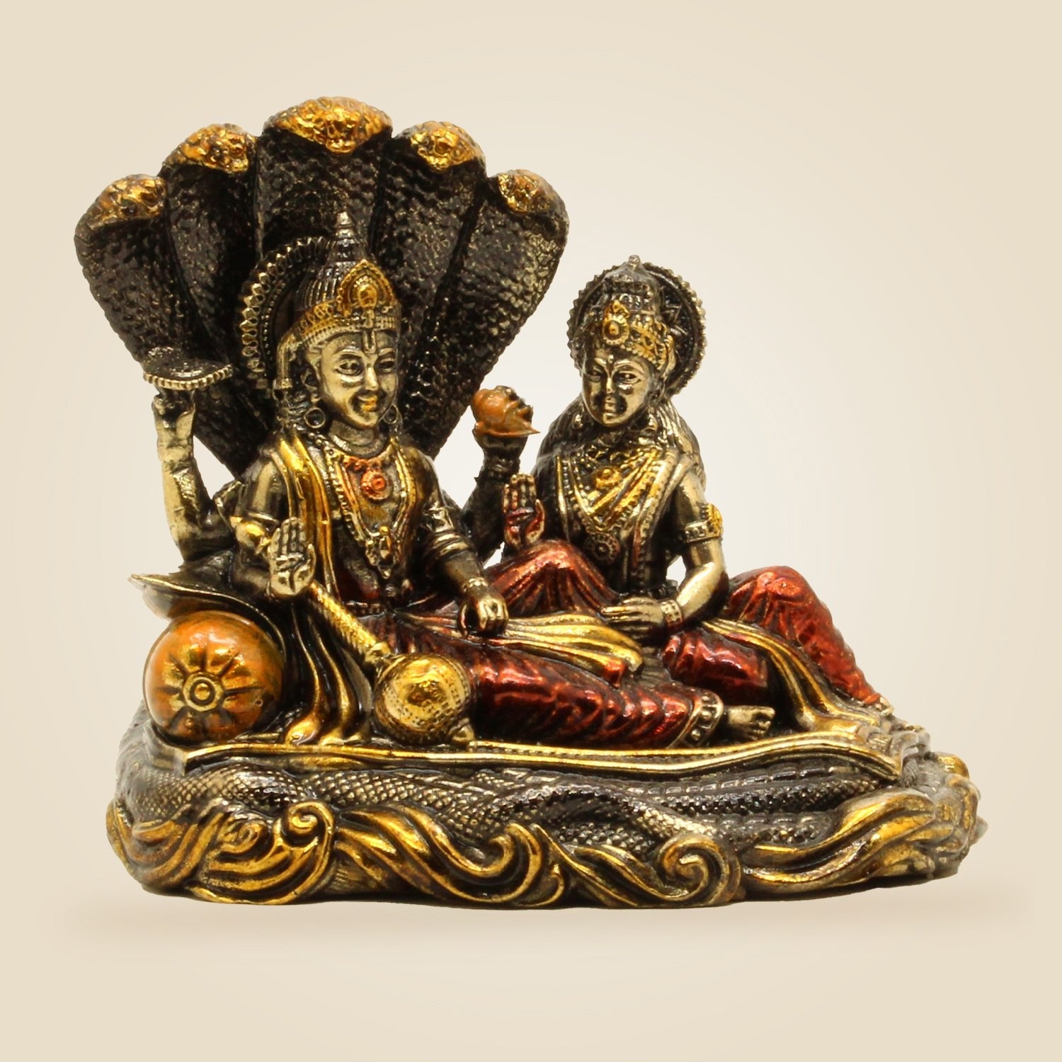 Lakshmi Narayana on Sheshnag 4.75" Idol– Brass Pooja Sculpture for Goodness & Wealth
