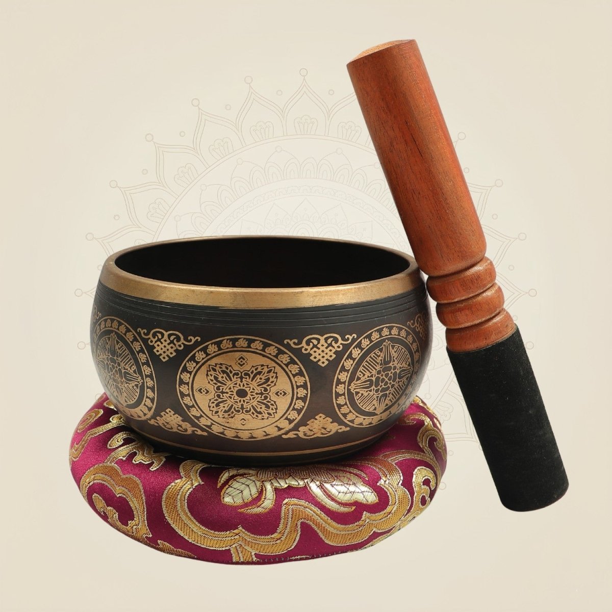 2.75" Brass Tibetan Singing Bowl with Striker & Cushion Meditation Set - Luxeartisanship