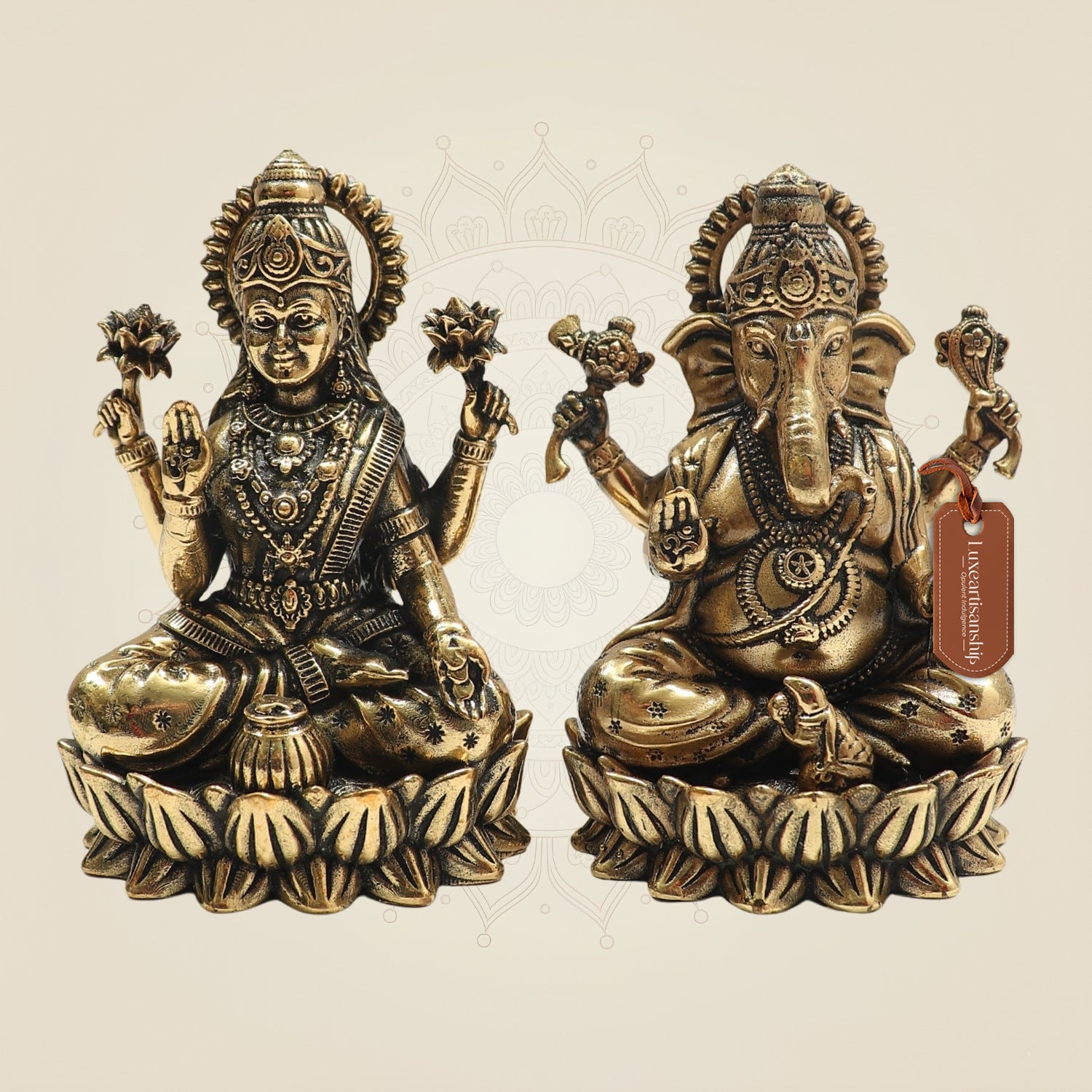 Brass Laxmi Ganesh Idol Pair – Small Lotus Base Murti 3"