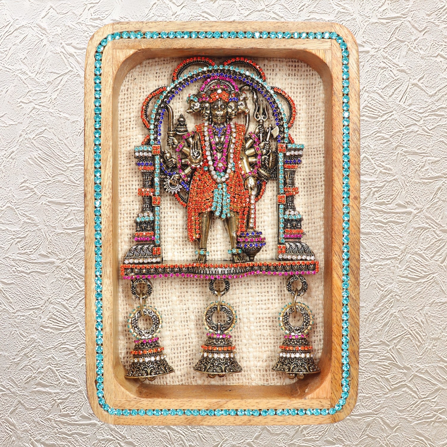 Divine Brass Panchmukhi Hanuman in 9" Wall Frame with Rhinestone Work