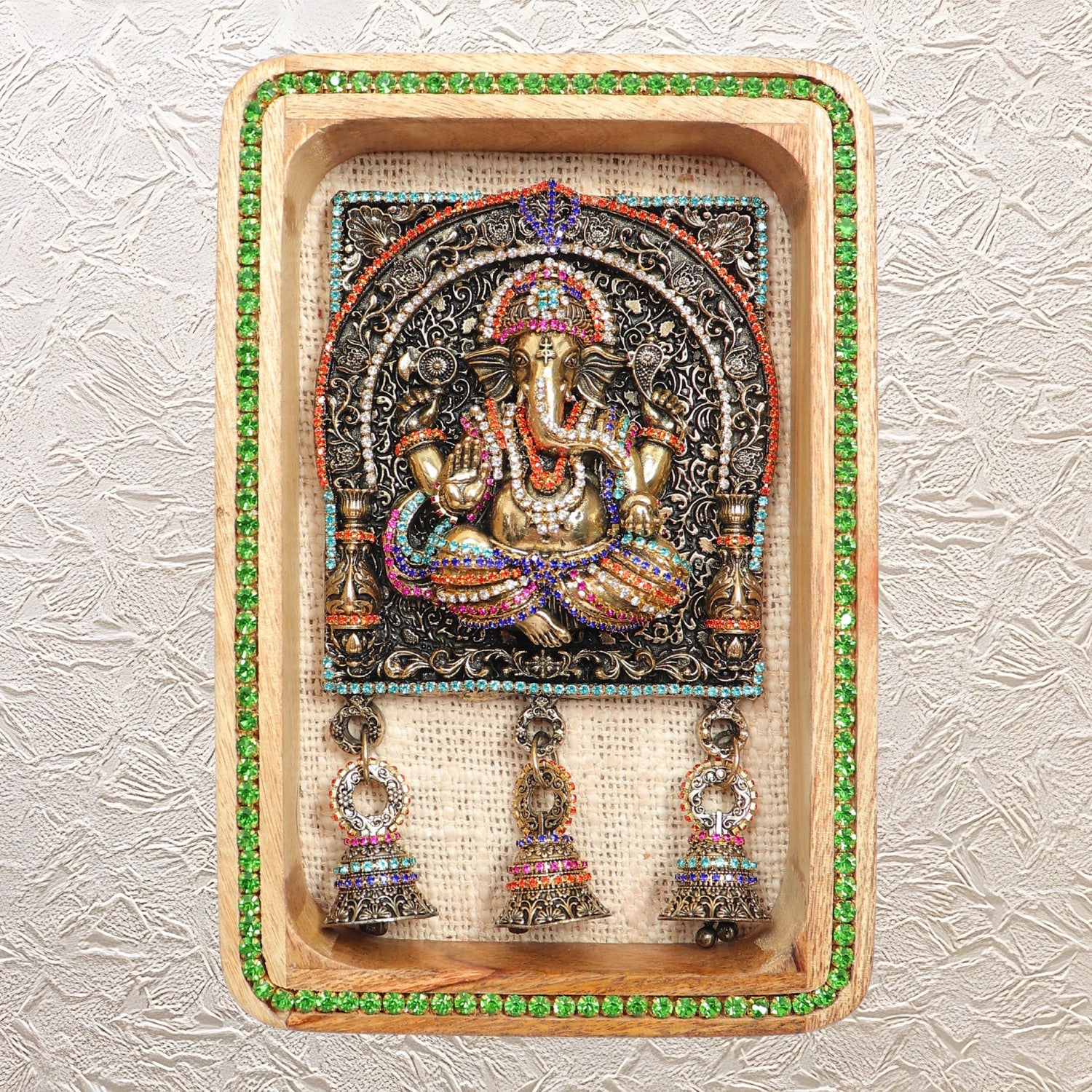 Brass Ganesh Murti Wall Hanging in Wooden Frame 9" with Jewellery Stone Work