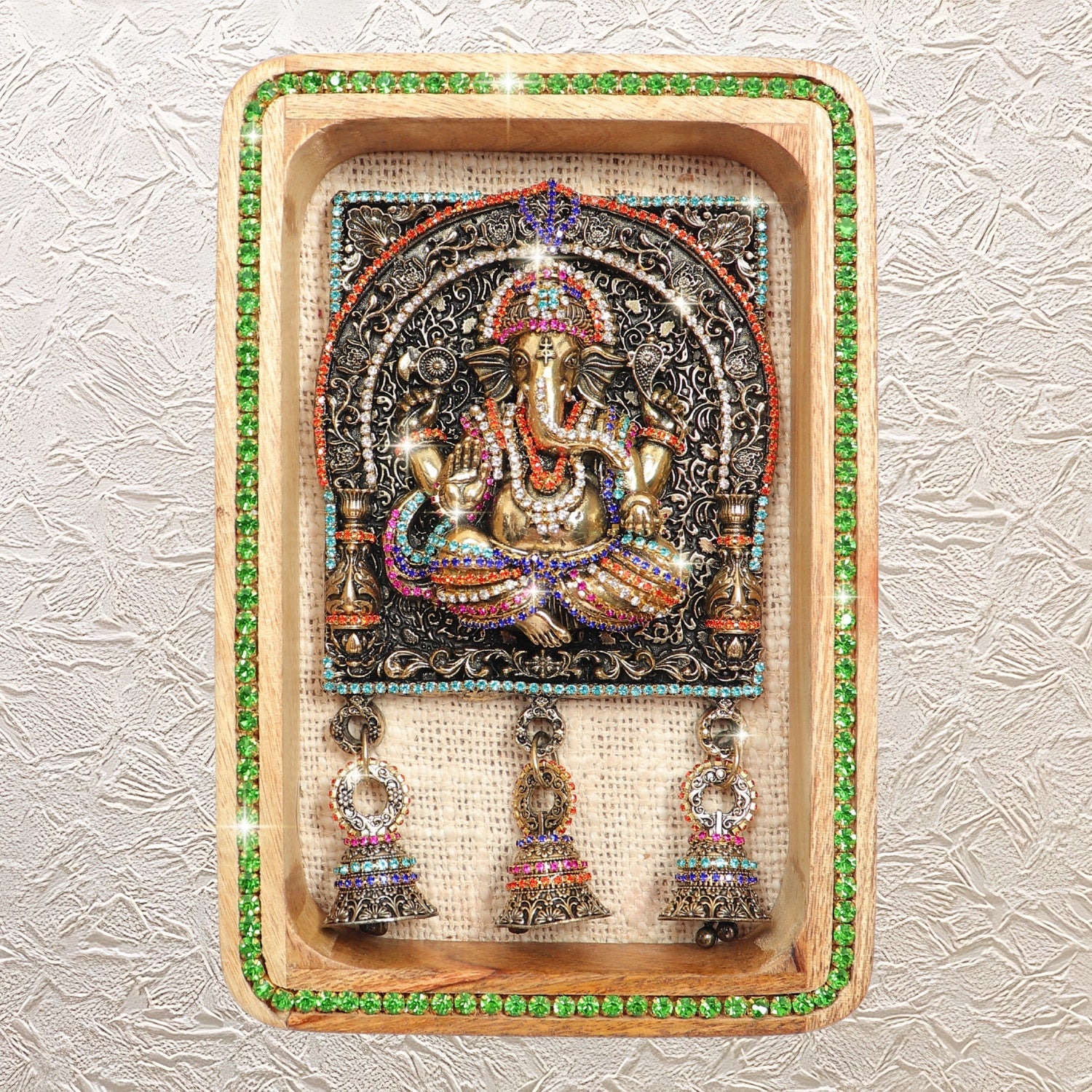 Brass Ganesh Murti Wall Hanging in Wooden Frame 9" with Jewellery Stone Work