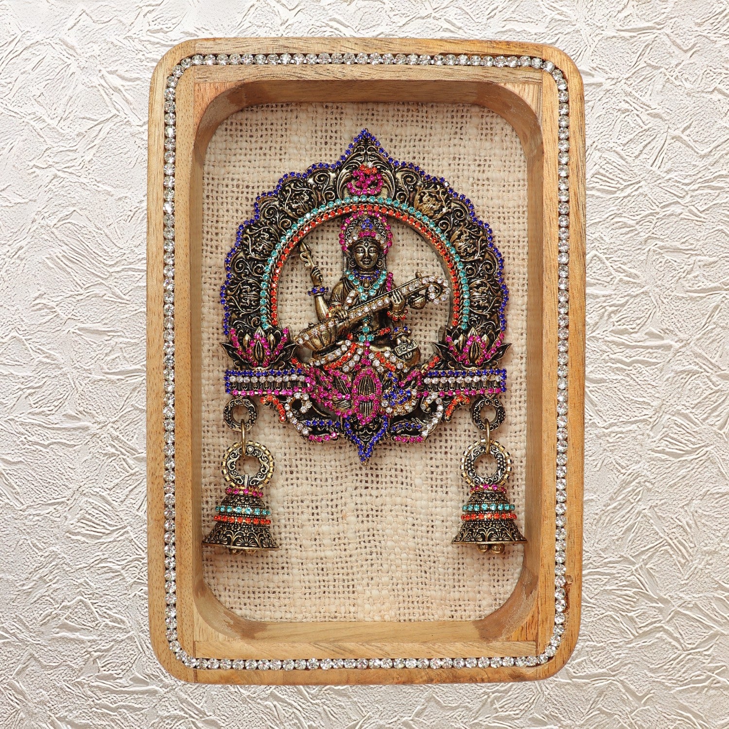 9" Brass Saraswati Maa Wall Hanging Idol in Wooden Frame with Jewellery Stone Work