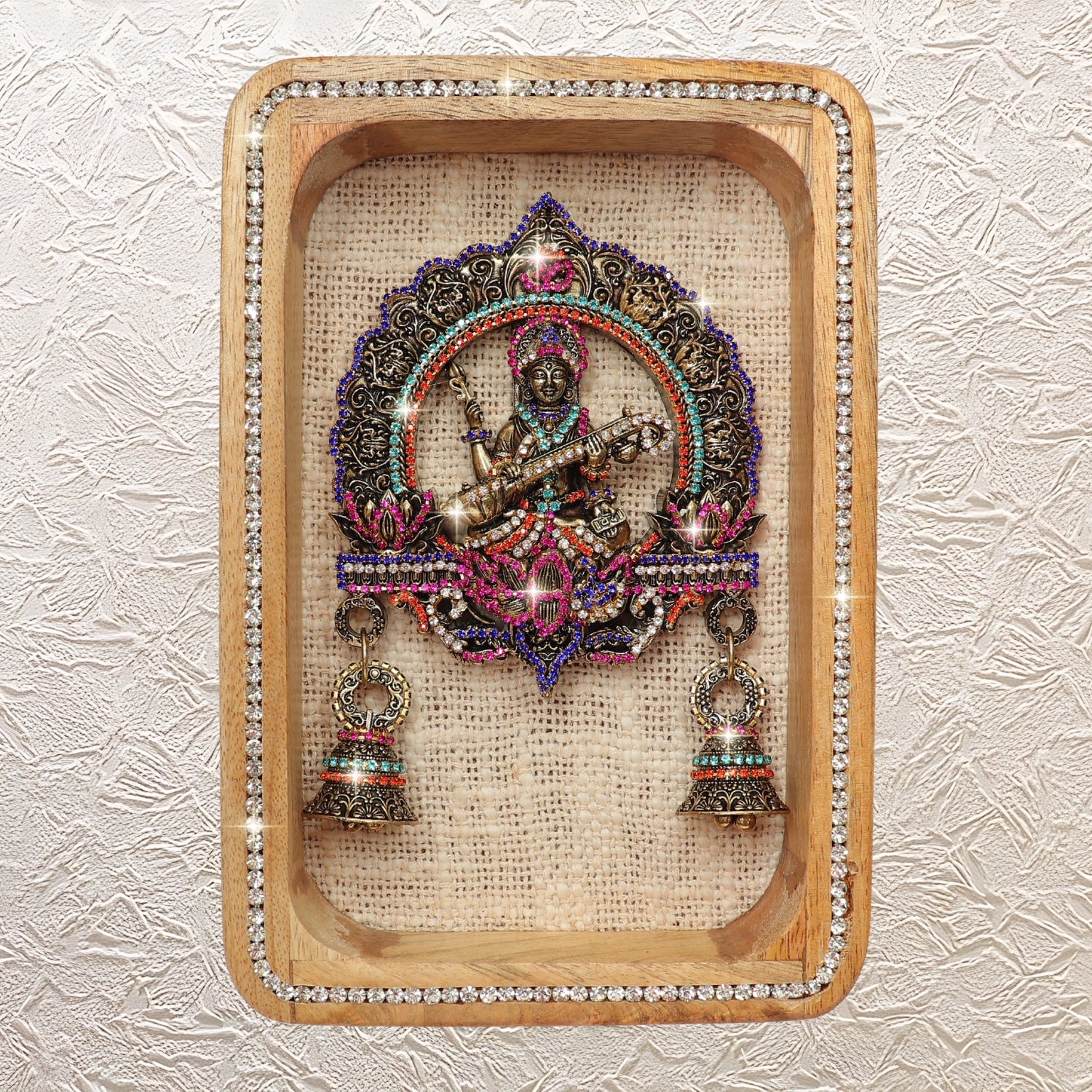 9" Brass Saraswati Maa Wall Hanging Idol in Wooden Frame with Jewellery Stone Work