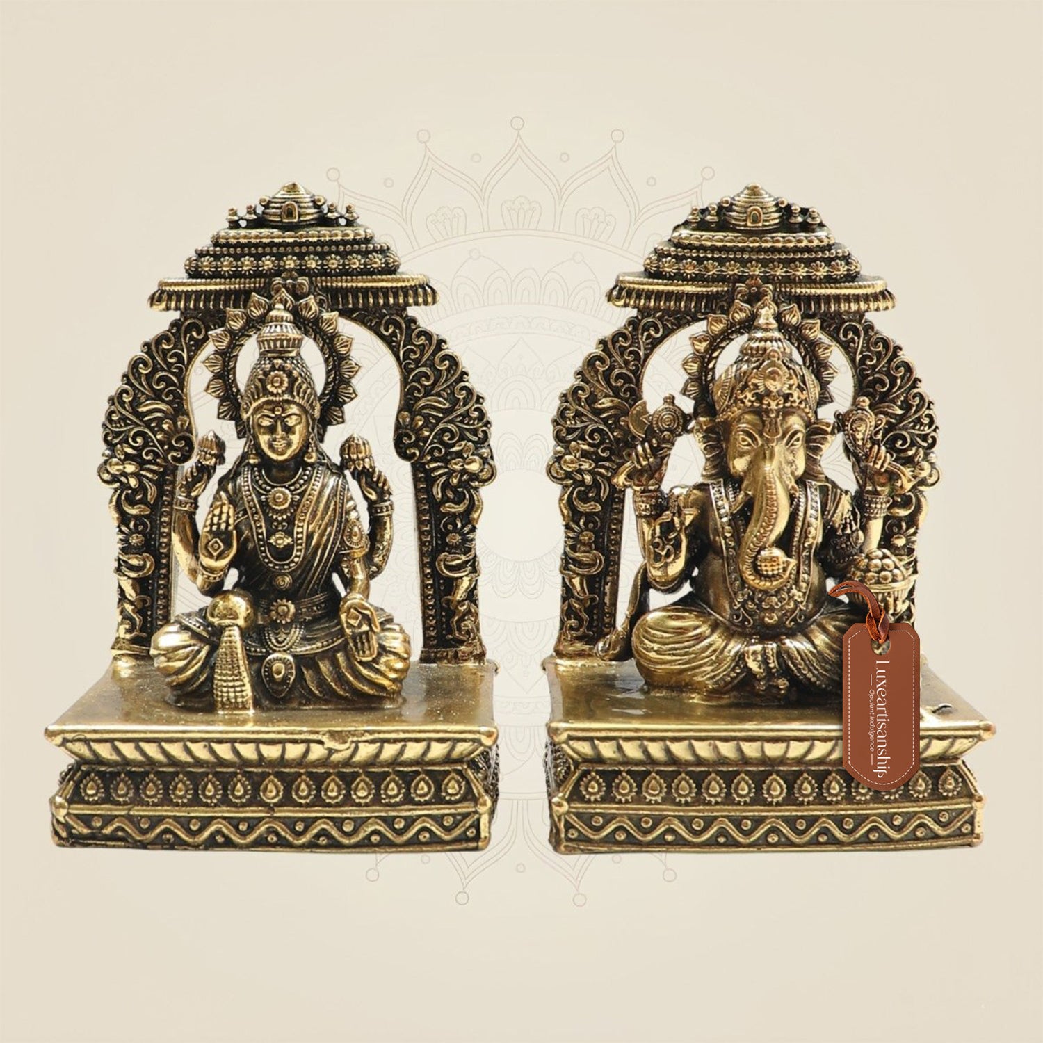 Lakshmi Ganesh Brass Murti 4" Set with Ornamental Prabhavali - Luxeartisanship