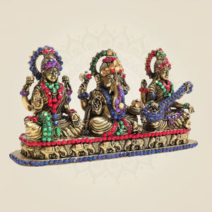 3" Brass Lakshmi Ganesha Saraswati Idol Featuring Vibrant Coloured Stone Work - Luxeartisanship